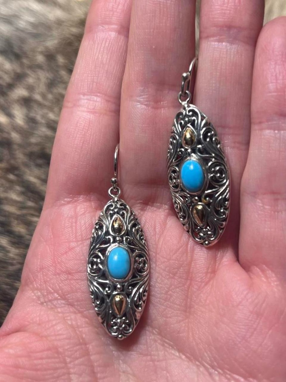 Samuel Benham sterling silver and 18k gold open work turquoise earrings
